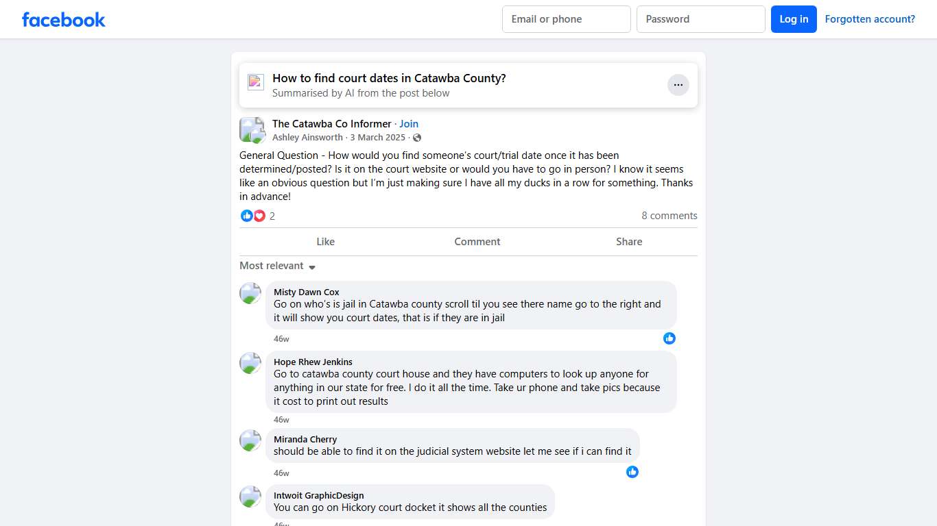 The Catawba Co Informer General Question - How would you find someone’s court/trial date once it has been determined/posted Facebook